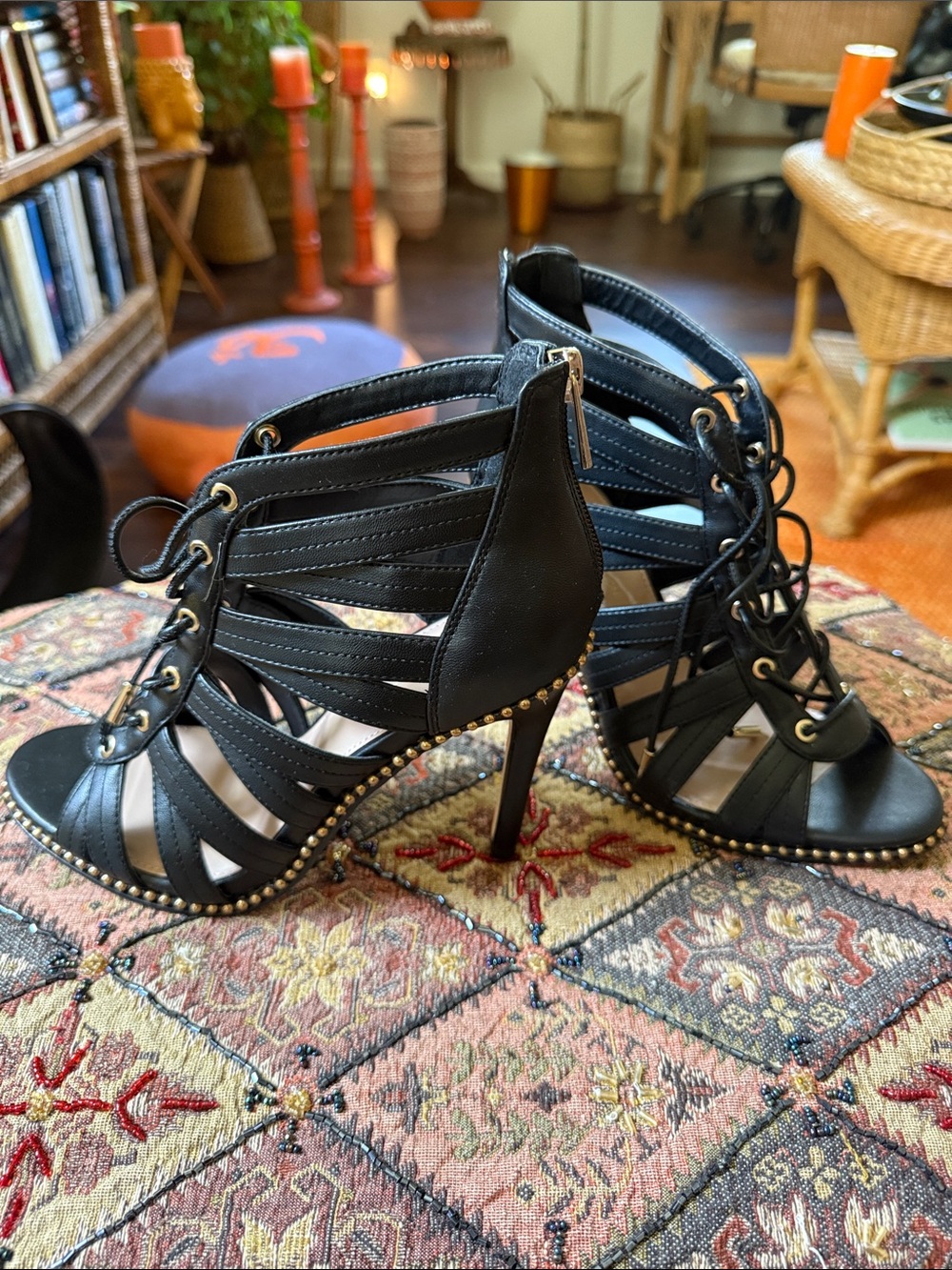 Black Lace-Up Strappy High Heel Sandals with Stud Trim